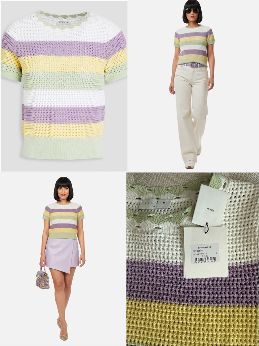Sandro Striped Crochet Knit Top in Pastel Yellow, Lavender, Mint & White